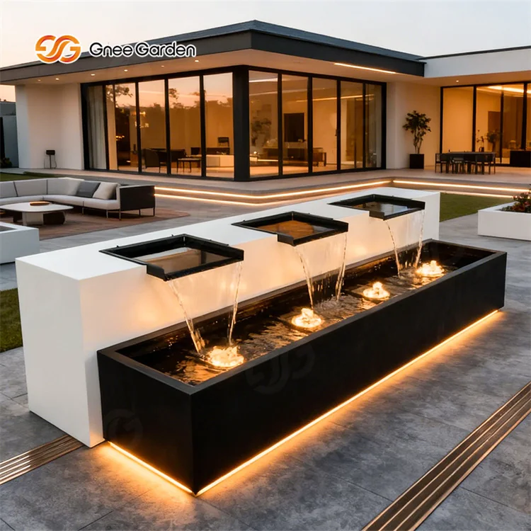 Illuminated rectangular garden fountain